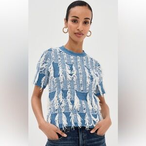 Ulla Johnson Rumi Top Blue and White Fringe Knit Top